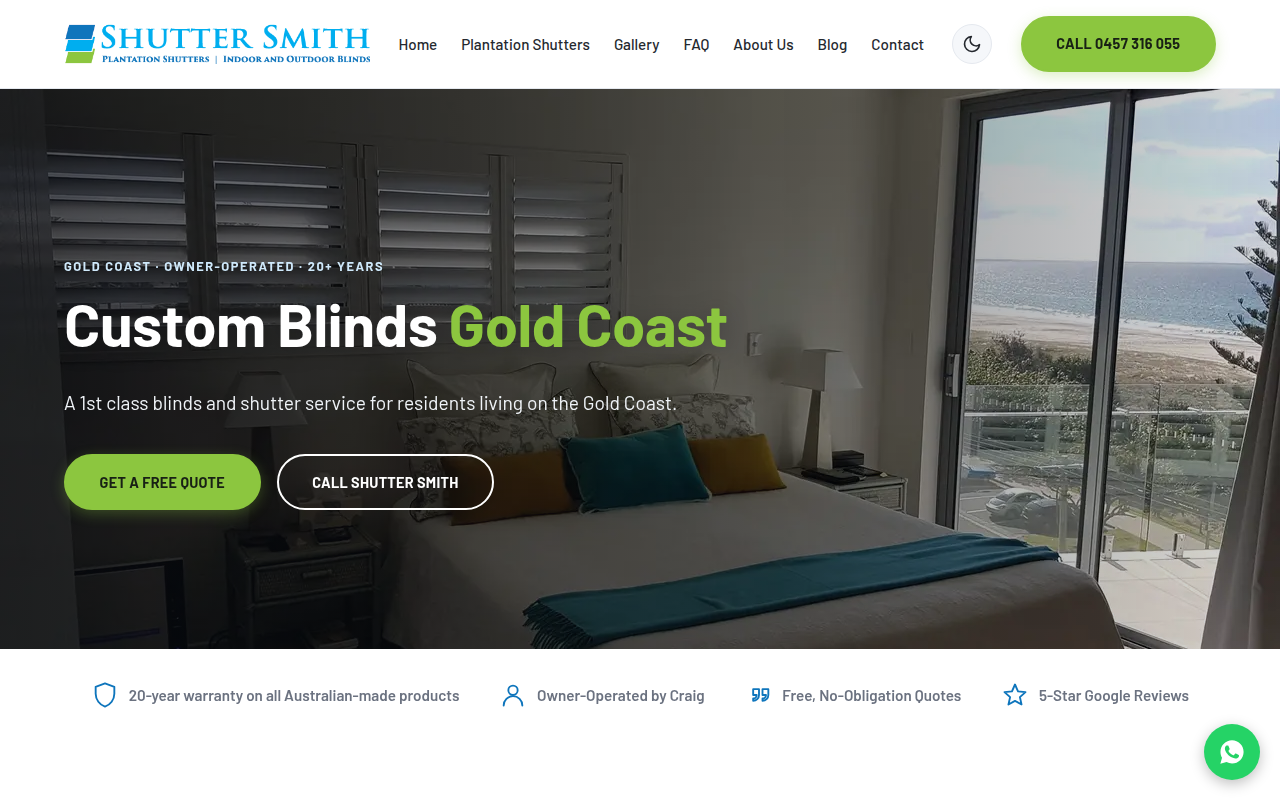 Shuttersmith website rebuild homepage: Custom Blinds Gold Coast, with quote and call buttons